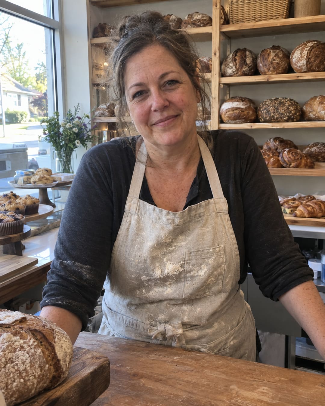A bakery owner behind the counter of her small shop