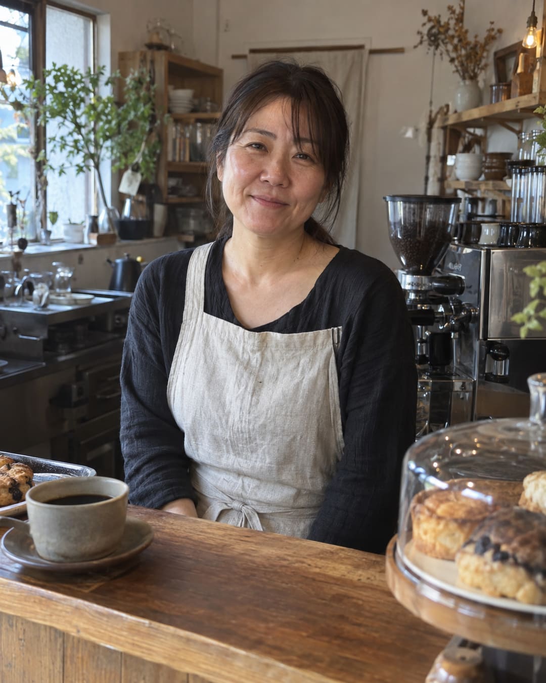 カウンターに立つ小さなカフェの店主